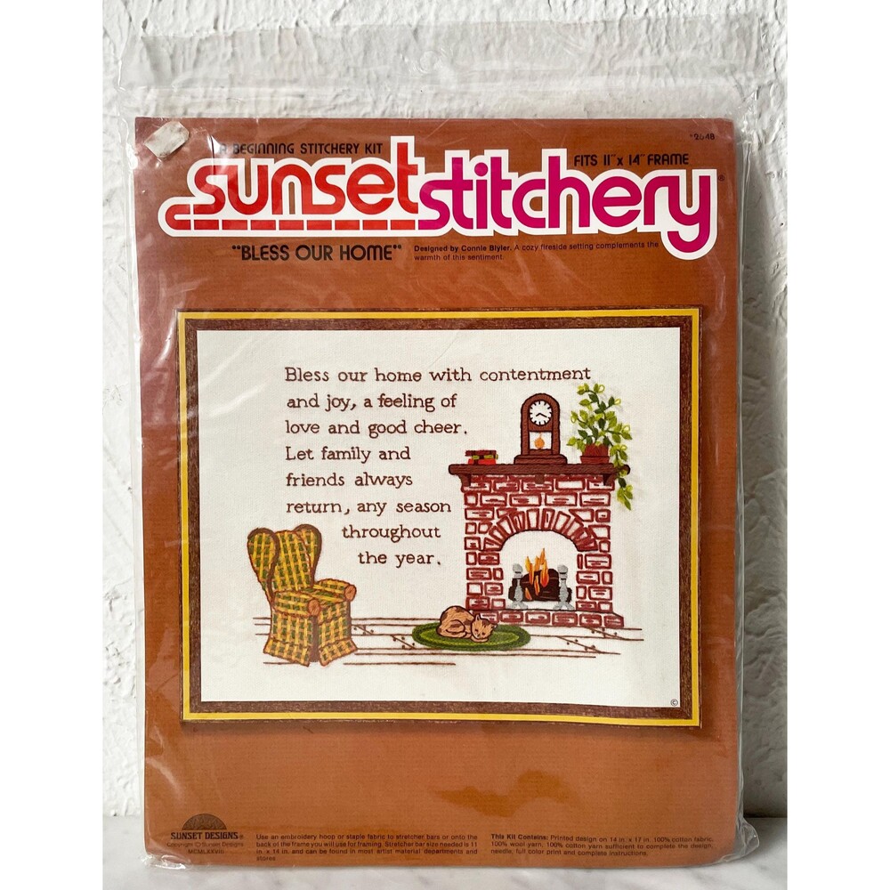 Bless Our Home Crewel Kit Cozy Fireside Sunset Stitchery Vintage Embroidery Kit